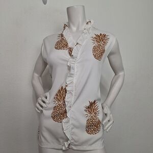White Brown Pineapple Print Tropical V-Neck Ruffle Novelty Print Blouse Size XL